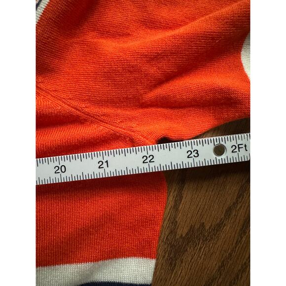 Orange Navy Polo Style Stripes 3/4 Sleeve Round Neck Lightweight Sweater - Picture 4 of 5